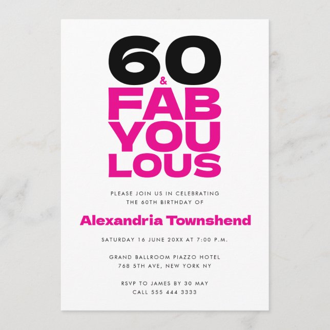 60 & Fantastisk fet rosa typografi 60-årsfest Inbjudningar (Framsida)