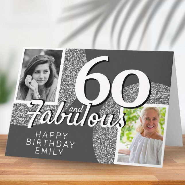 60 & Fantastisk Silverglitter 2 Foto 60-årsfirande Kort (Skapare uppladdad)
