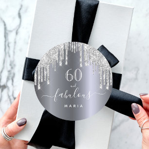 60 fantastiska födelsedag Plockande glitter silver Runt Klistermärke