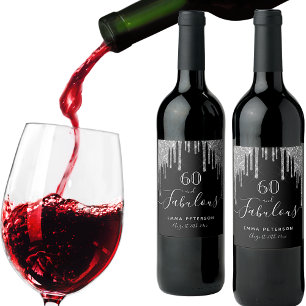 60 fantastiska födelsedag svart glitter silver gni vinflaska etikett