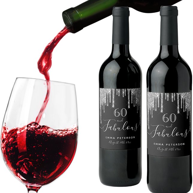 60 fantastiska födelsedag svart glitter silver gni vinflaska etikett (Skapare uppladdad)