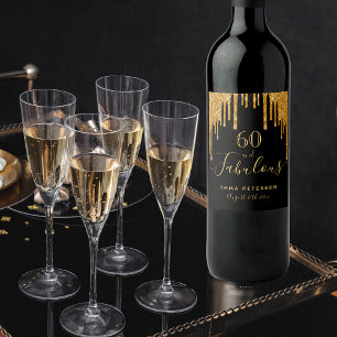 60 fantastiska födelsedag svart guld glitter gnist vinflaska etikett