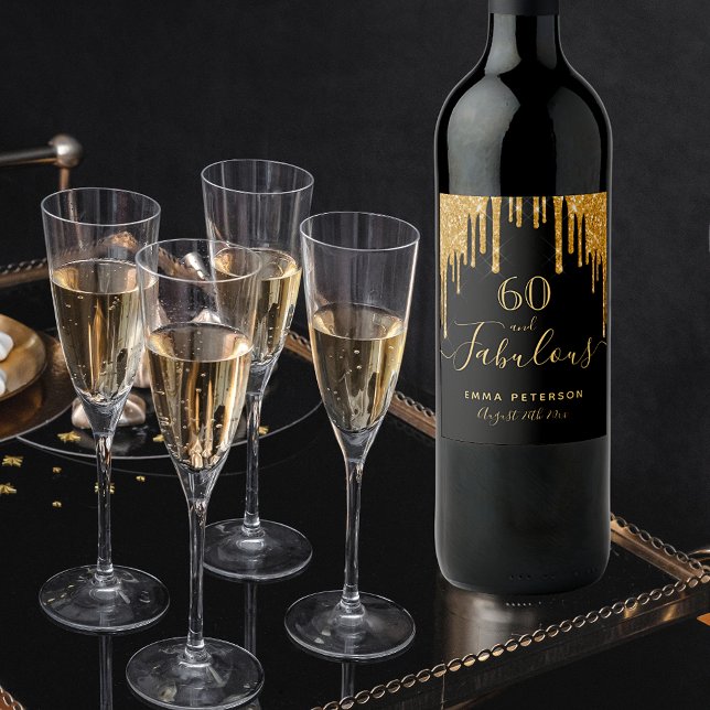 60 fantastiska födelsedag svart guld glitter gnist vinflaska etikett (Skapare uppladdad)