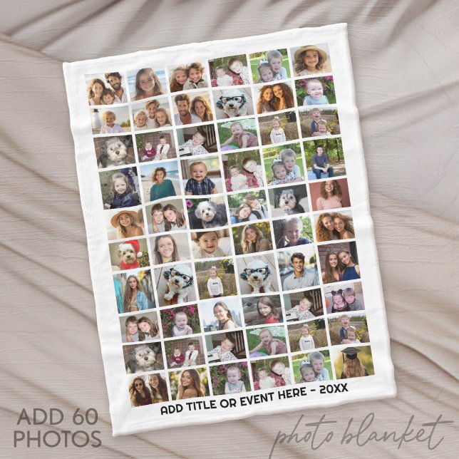 60 Fotokollage Grid - Anpassad text - Vit Fleecefilt (Custom Fleece Blanket with Photo Collage)