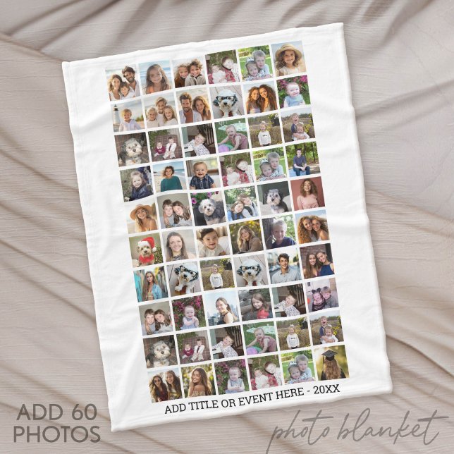 60 Fotokollage Grid - Anpassad text - Vit Fleecefilt (Custom Fleece Blanket with Photo Collage)