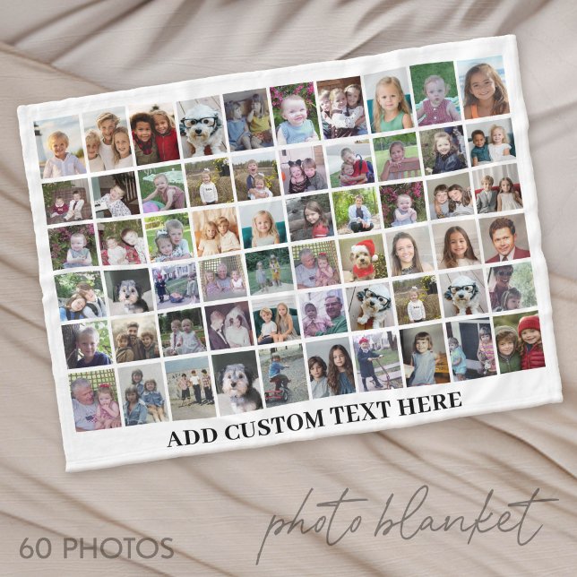 60 Fotokollage Grid - Svart med vit text Fleecefilt (Photo Blanket - Custom Pictures in a Collage)