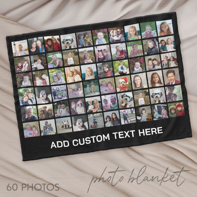 60 Fotokollage Grid - Svart med vit text Fleecefilt (Photo Blanket - Custom Pictures in a Collage)