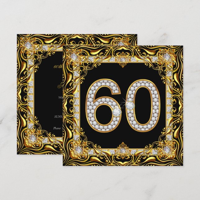 60 Guld Diamant Svart 60-årsfest Inbjudningar (Fram/baksida)