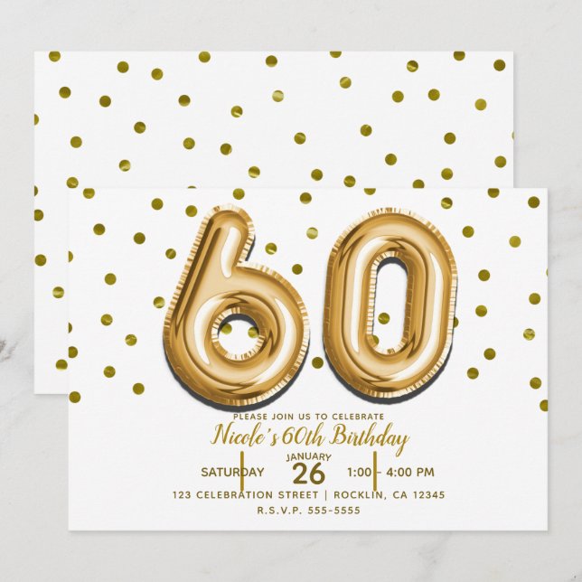 60 Guldbalonger & Konfetti 60-årsfest Inbjudningar (Fram/baksida)