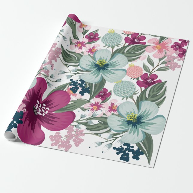 60 lb Pappra roll, tropisk blomma på vitt Presentpapper (Utrullad)