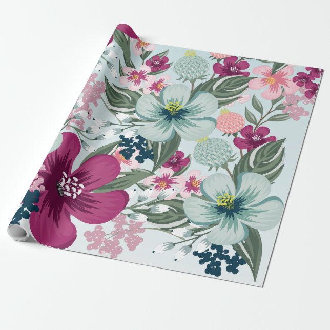 60 lb Pappra roll-tropiska blommor på blå Presentpapper (Utrullad)