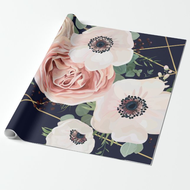 60 lb Wrapping Papper Roll Geometric Garden Navy B Presentpapper (Utrullad)