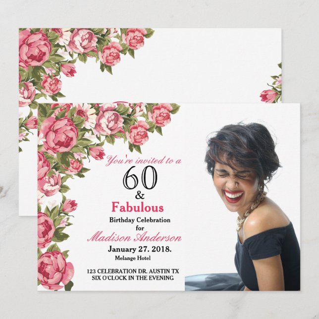 60 och Fabulös Blommigt | 60:e födelsedagsinbjudan Inbjudningar (Fram/baksida)
