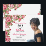 60 och Fabulös Blommigt | 60:e födelsedagsinbjudan Inbjudningar<br><div class="desc">60 och Fabulous Rosa Blommigt | 60:e födelsedagsinbjudan. 60 och Fabulous! En vacker Modern Elegant rosa blommigt 60:e Födelsedagsfest inbjudan kan du anpassa och skicka ut din sextionde födelsedagsfest firande. Byt ut exempelfotot mot ett eget. Chic rosa ros är grönt löv på vit bakgrund. Rosa personer på baksidan av kortet...</div>