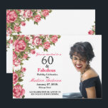 60 och Fabulös Blommigt | 60:e födelsedagsinbjudan Inbjudningar<br><div class="desc">60 och Fabulous Rosa Blommigt | 60:e födelsedagsinbjudan. 60 och Fabulous! En vacker Modern Elegant rosa blommigt 60:e Födelsedagsfest inbjudan kan du anpassa och skicka ut din sextionde födelsedagsfest firande. Byt ut exempelfotot mot ett eget. Chic rosa ros är grönt löv på vit bakgrund. Rosa personer på baksidan av kortet...</div>