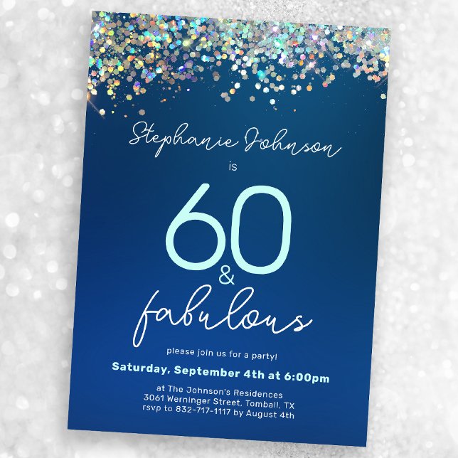 60 och Fabulous Blue Glitter 60:e Födelsedagsfeste Inbjudningar (Mock-up view)