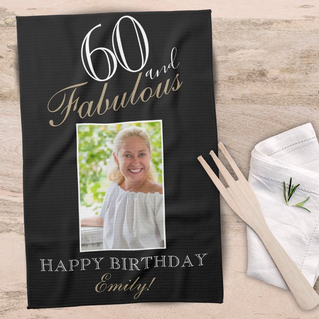 60 och Fabulous Elegant 60:e födelsedagsfoto Kökshandduk (Skapare uppladdad)
