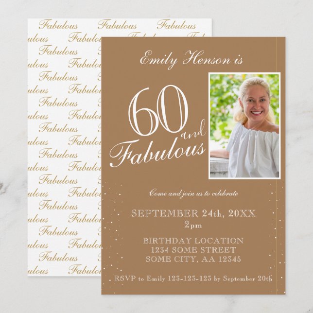60 och Fabulous Elegant Beige Photo Birthday Inbjudningar (Fram/baksida)