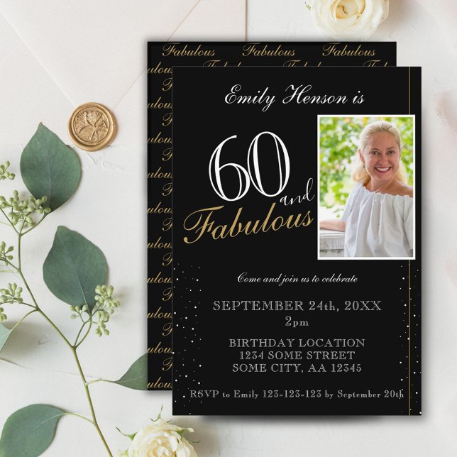 60 och Fabulous Elegant Black Photo Birthday Inbjudningar (Skapare uppladdad)