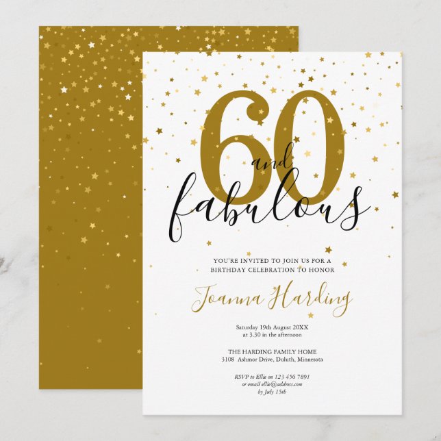 60 och Fabulous Elegant Guld och Black Birthday Inbjudningar (Fram/baksida)