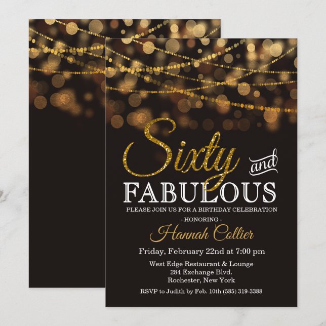 60 och Fabulous Glitter Birthday-inbjudan Inbjudningar (Fram/baksida)