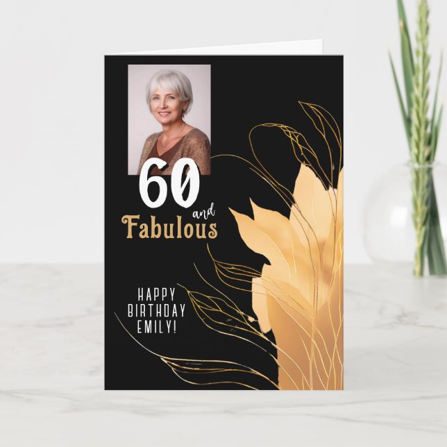 60 och Fabulous Guld Foliage 60 Birthday Photo Kort (Framsida)