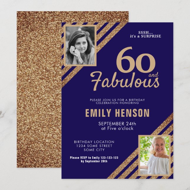 60 och Fabulous Guld Glitter 2 Foto 60:e födelseda Inbjudningar (Fram/baksida)