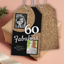 60 och Fabulous Guld Glitter 2 Foto 60:e födelseda Presentetikett