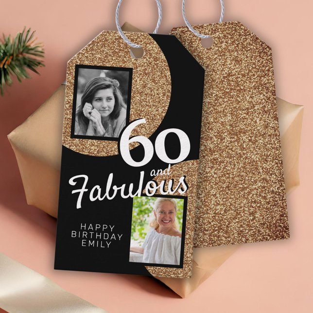 60 och Fabulous Guld Glitter 2 Foto 60:e födelseda Presentetikett (Skapare uppladdad)