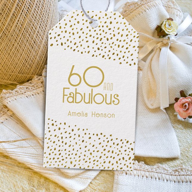 60 och Fabulous Guld Glitter 60:e födelsedagen Presentetikett (Skapare uppladdad)