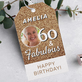 60 och Fabulous Guld Glitter 60:e födelsedagsfoto Presentetikett
