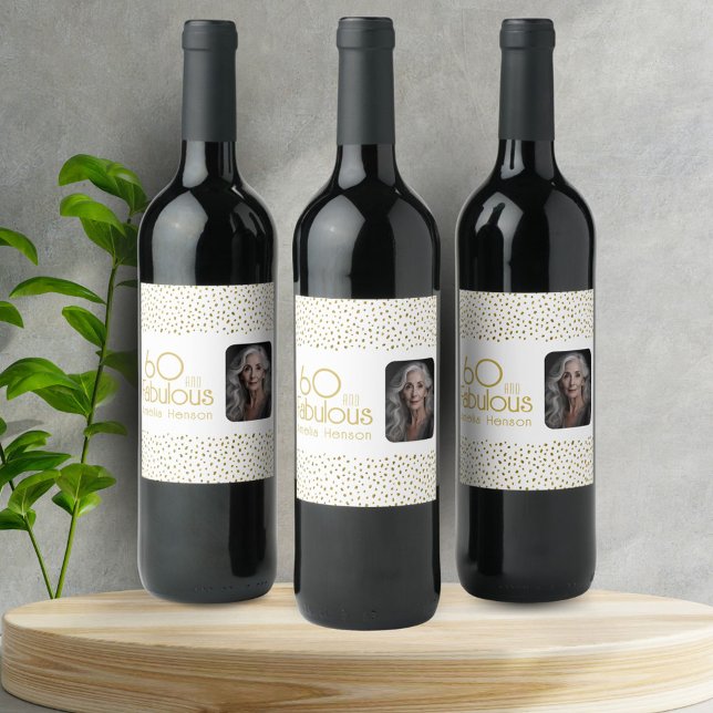 60 och Fabulous Guld Glitter Photo 60:e födelsedag Vinflaska Etikett (Skapare uppladdad)