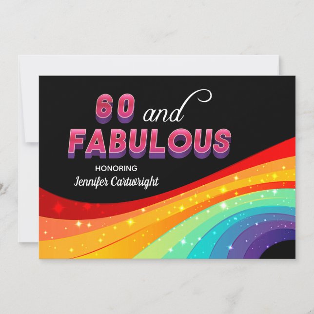 60 och Fabulous Rainbow Gnistra Födelsedagsfest Inbjudningar (Framsida)