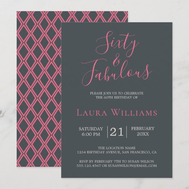 60 och Fabulous Rosa Black 60:e Födelsedagsfesten Inbjudningar (Fram/baksida)