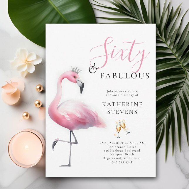 60 och Fabulous Rosa Flamingo Tiara 60:e födelseda Inbjudningar (60 and fabulous birthday invitation funny pink flamingo tiara watercolor modern brunch)