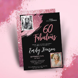 60 och Fabulous Rosa Glitter 2 Photo 60:e födelsed Inbjudningar