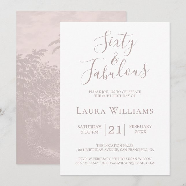60 och Fabulous Rosa White 60:e Födelsedagsfesten  Inbjudningar (Fram/baksida)
