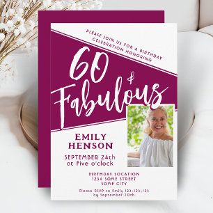 60 och Fabulous Script Magenta Photo 60:e födelsed Inbjudningar