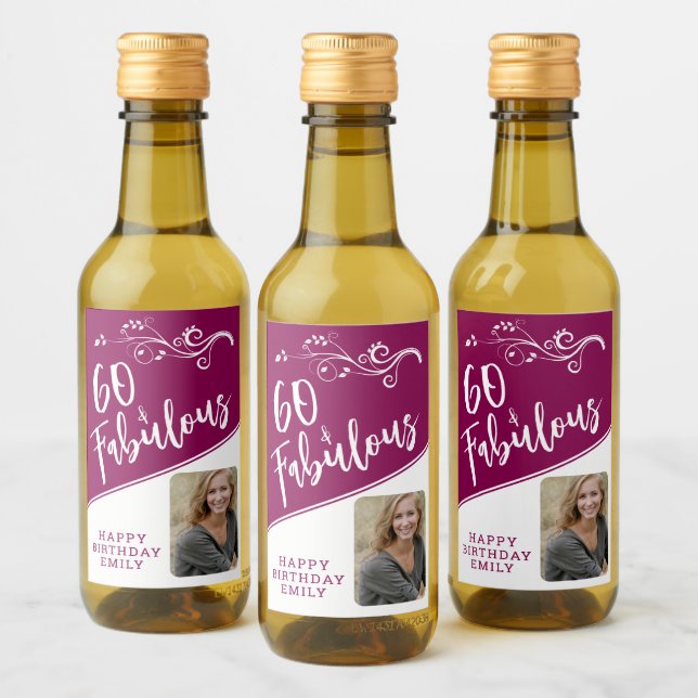 60 och Fabulous Script Photo Magenta 60:e födelsed Vinetikett (Flaskor)