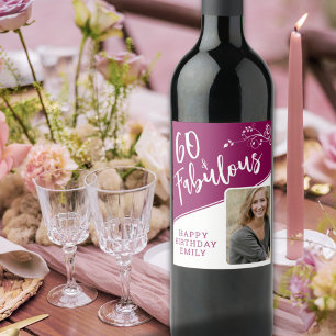 60 och Fabulous Script Photo Magenta 60:e födelsed Vinflaska Etikett