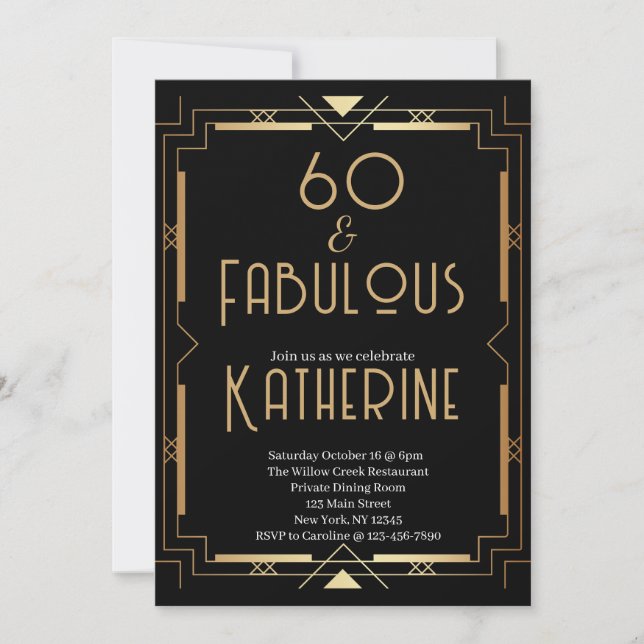 60 och fantastisk 60-årsfest Art Deco Inbjudningar (Framsida)