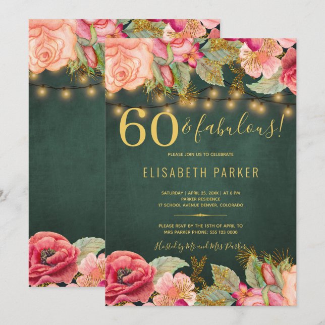 60 och fantastisk blomster elegant 60-årsfest inbjudningar (Fram/baksida)