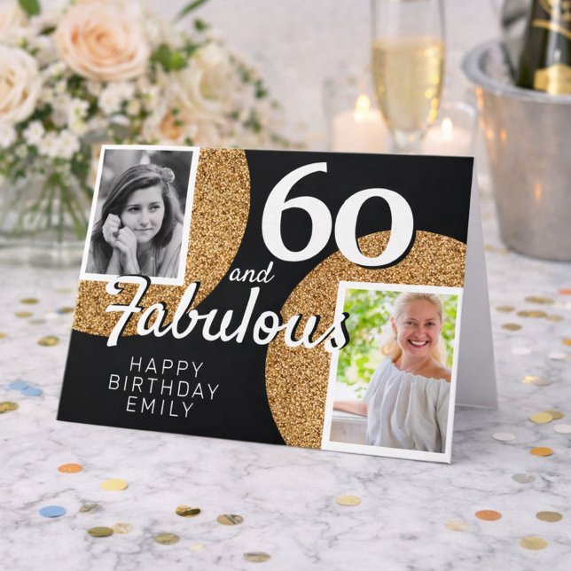 60 och fantastisk guldglitter 2 foto 60-årsdag kort (Skapare uppladdad)