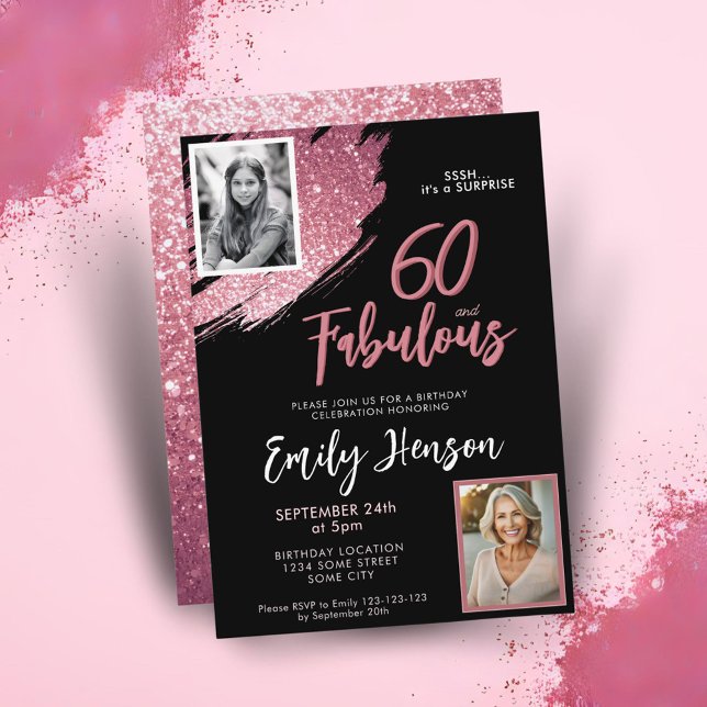 60 och fantastisk rosa glitter 2 foto 60-årsdag inbjudningar (Skapare uppladdad)