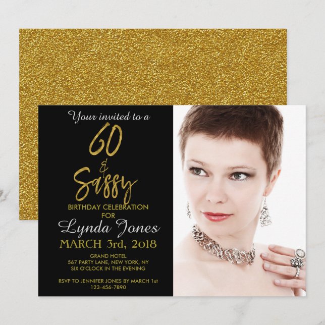 60 och inbjudan till Sassy Gold Foil Birthday (Fram/baksida)