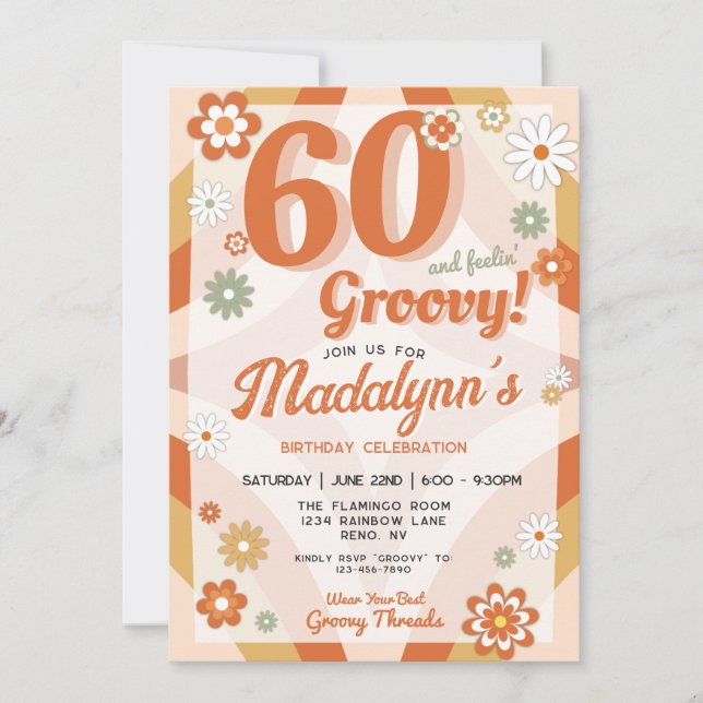 60 och känns Groovy Retro Födelsedag  Inbjudningar (Framsida)