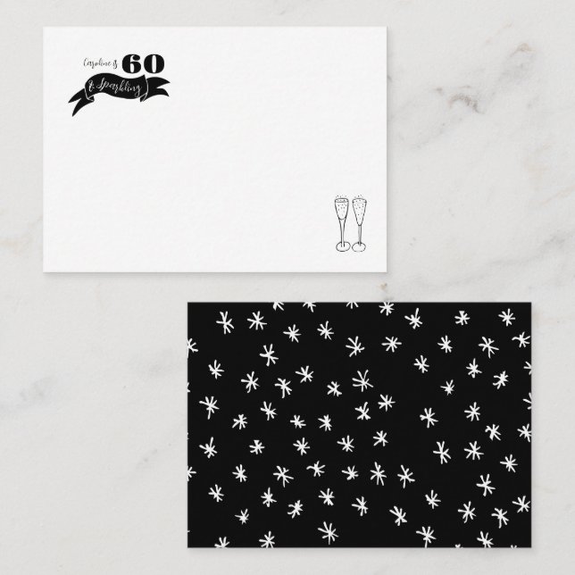 60 och mousserande Hand plockade Black and White Placeringskort (Fram/baksida)