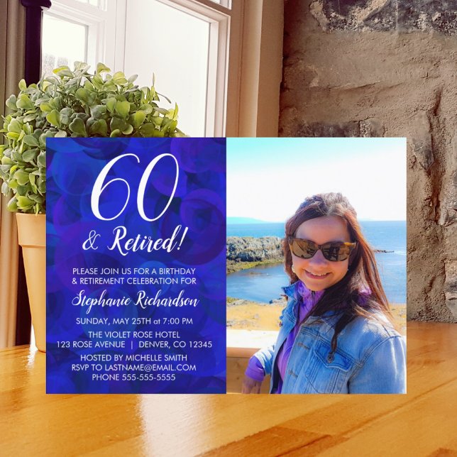 60 och pensionerad blå foto-födelsedag Pension Inbjudningar (Skapare uppladdad)