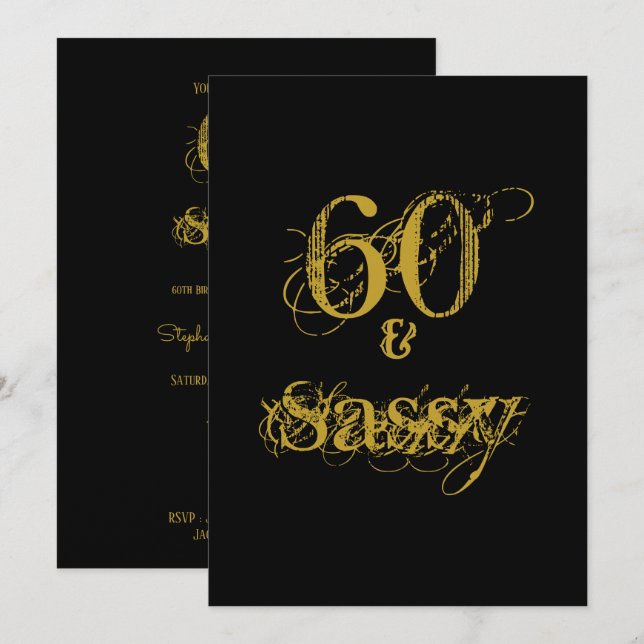 60 och Sassy 60:e Födelsedagsfesten Black and Guld Inbjudningar (Fram/baksida)