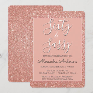 60 och Sassy Birthday Ro Guld Rosa Glitter Inbjudningar